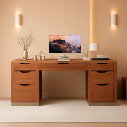 54 Inch Walnut Finish Executive Desk With Seven Drawers