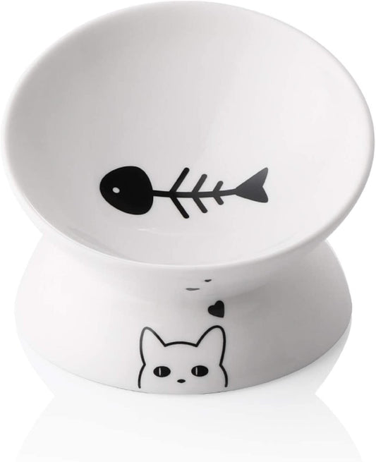 Ceramic Raised Cat Bowls, Slanted Cat Dish Food or Water Bowls, Elevated Porcelain Pet Feeder Bowl Protect Cat'S Spine, Stress Free, Backflow Prevention (White)