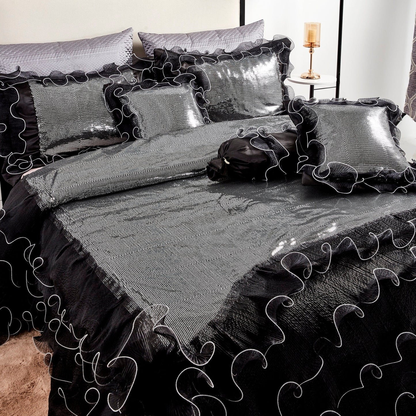 Tache Luxurious Glam Night Out Silver Sequin Black Organza Ruffle 6pc Comforter Set (1622)