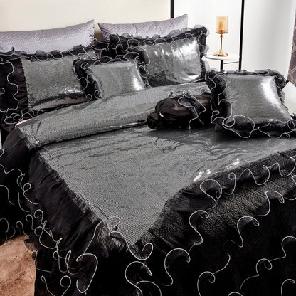 Tache Luxurious Glam Night Out Silver Sequin Black Organza Ruffle 6pc Comforter Set (1622)