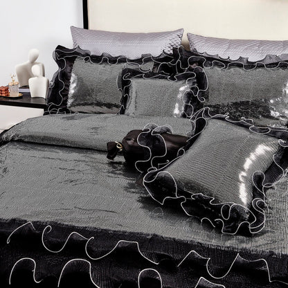 Tache Luxurious Glam Night Out Silver Sequin Black Organza Ruffle 6pc Comforter Set (1622)