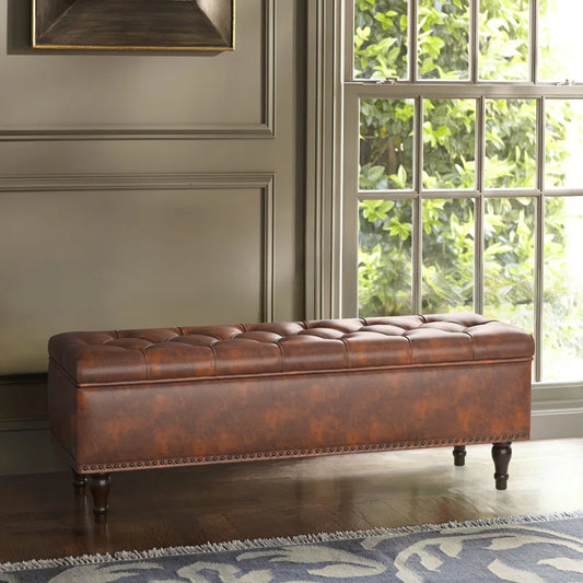 Stylish Arlecia Faux Leather Storage Bench with Flip Top Storage – Tufted Upholstered Entryway Bench with Rubberwood Legs, 330 lb Weight Capacity, Brown