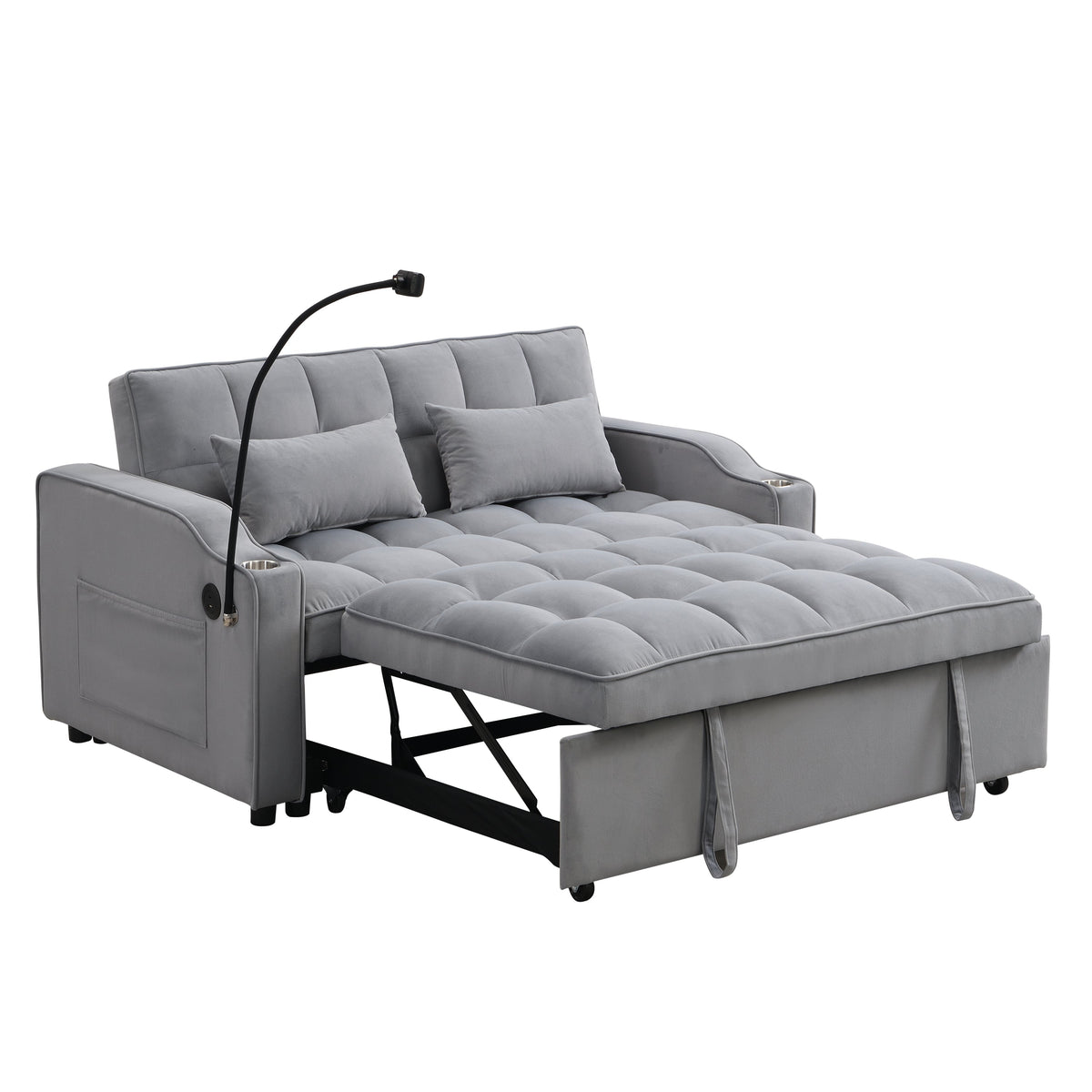 Modern Velvet Sleeper Loveseat with Pullout Bed and USB Ports - Light Gray