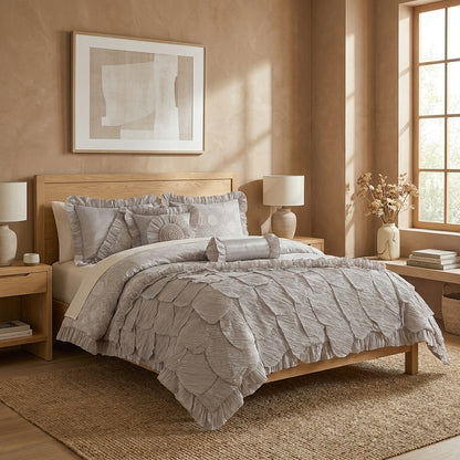 Polyester Satin Ruffle Rose Petals Comforter Set in Silver
