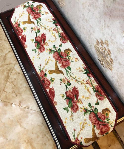 Tache Floral Red Roses Hummingbirds Ivory Woven Tapestry Table Runner (18109)