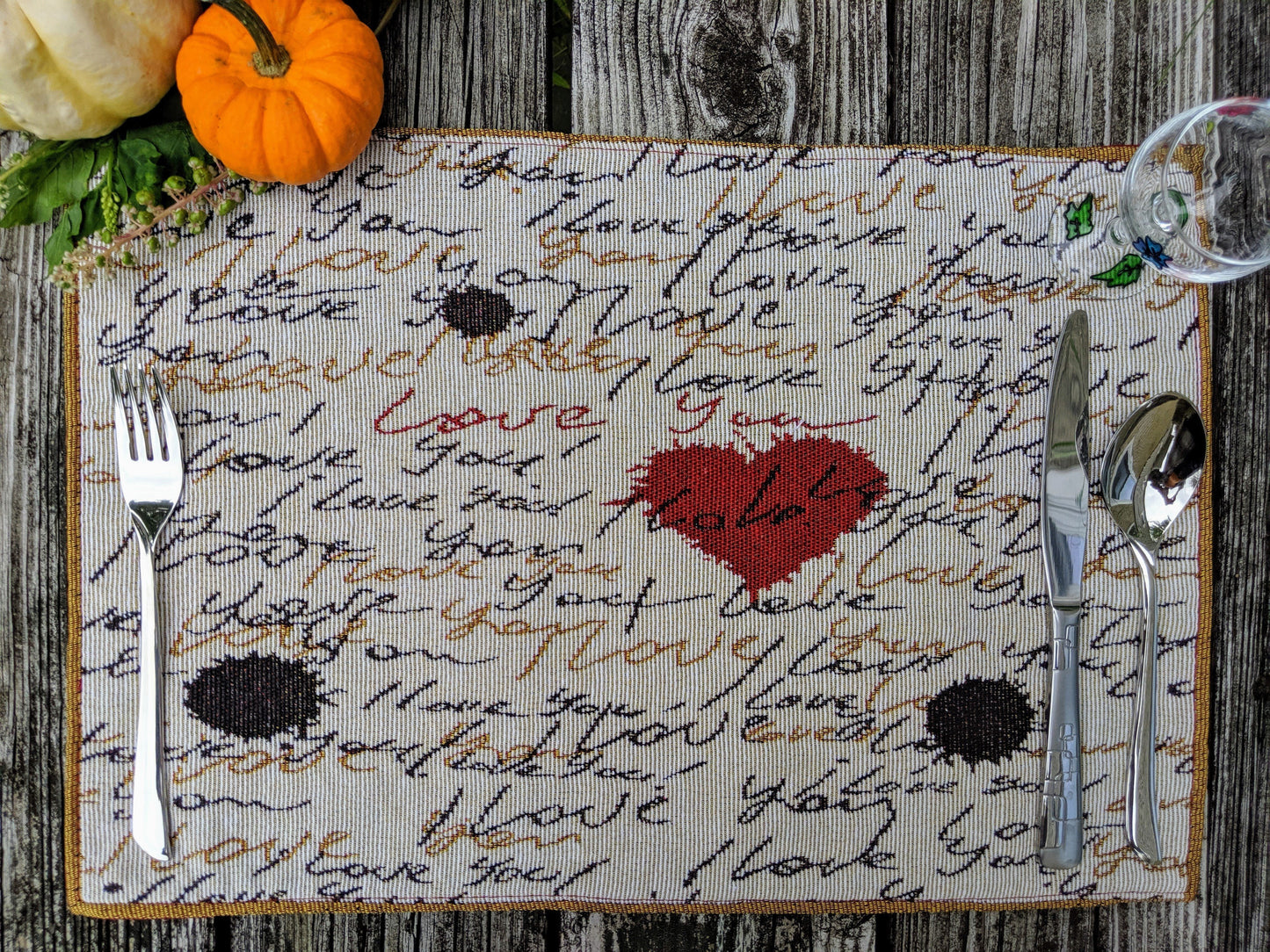 Tache Romantic Valentine’s Love Letter Beige Woven Tapestry Placemat Set (18111)
