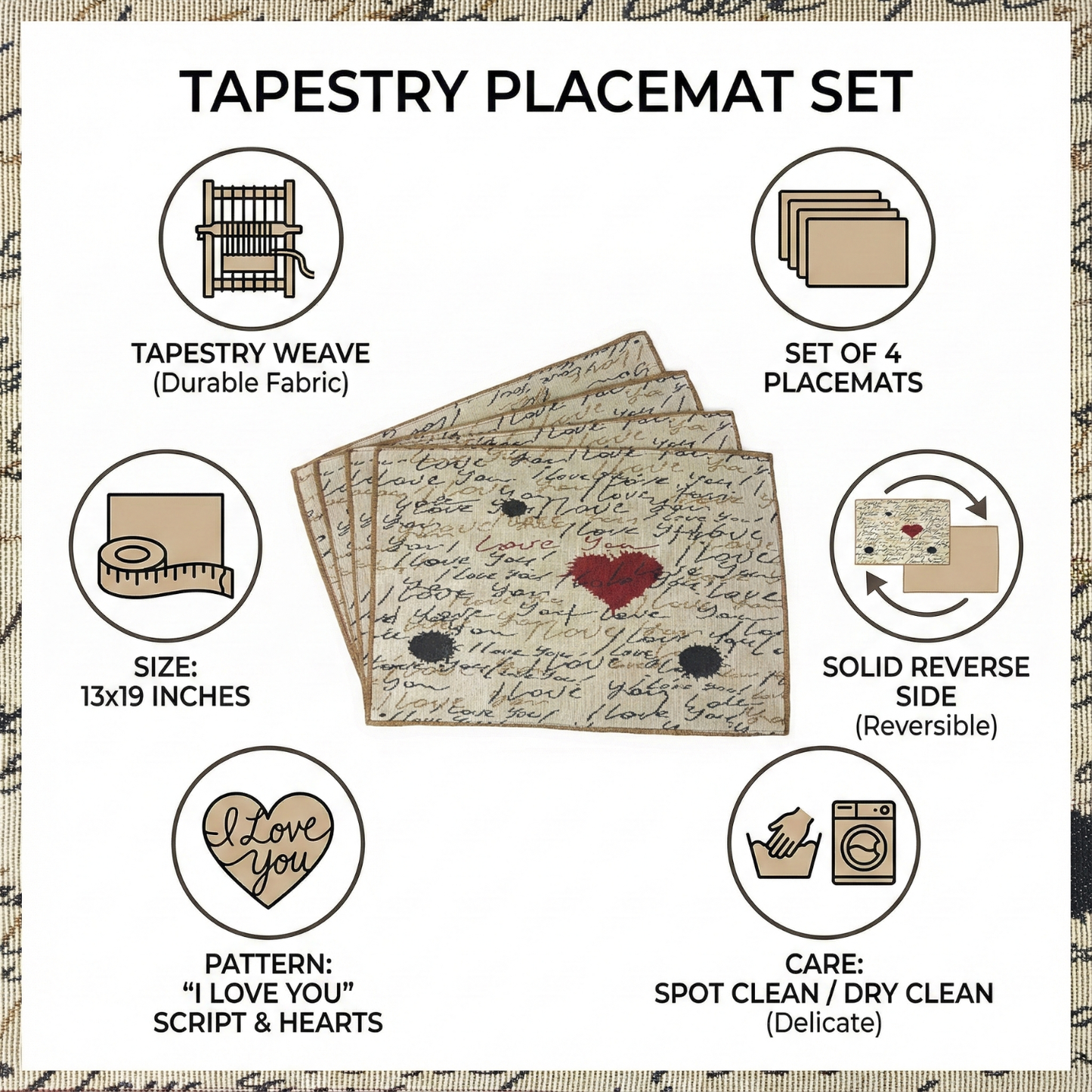 Tache Romantic Valentine’s Love Letter Beige Woven Tapestry Placemat Set (18111)
