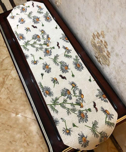 Tache Floral Yellow Daisies Ladybugs Ivory Woven Tapestry Table Runner (18114)