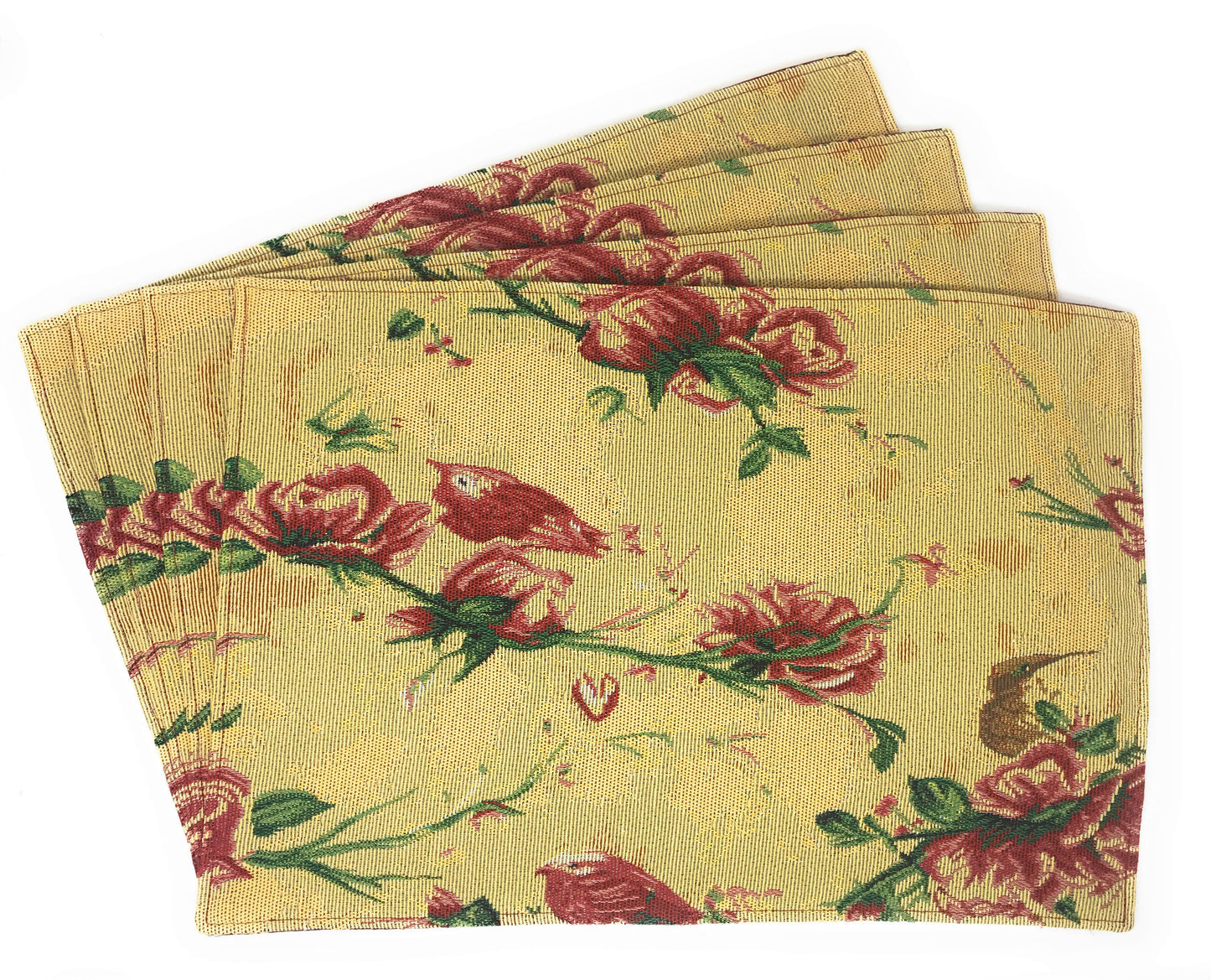 Tache Floral Red Roses Hummingbirds Golden Woven Tapestry Placemat Set (18115)