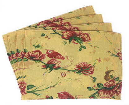 Tache Floral Red Roses Hummingbirds Golden Woven Tapestry Placemat Set (18115)