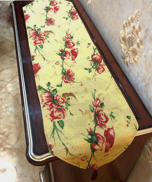 Tache Floral Red Roses Hummingbirds Golden Woven Tapestry Table Runner (18115)