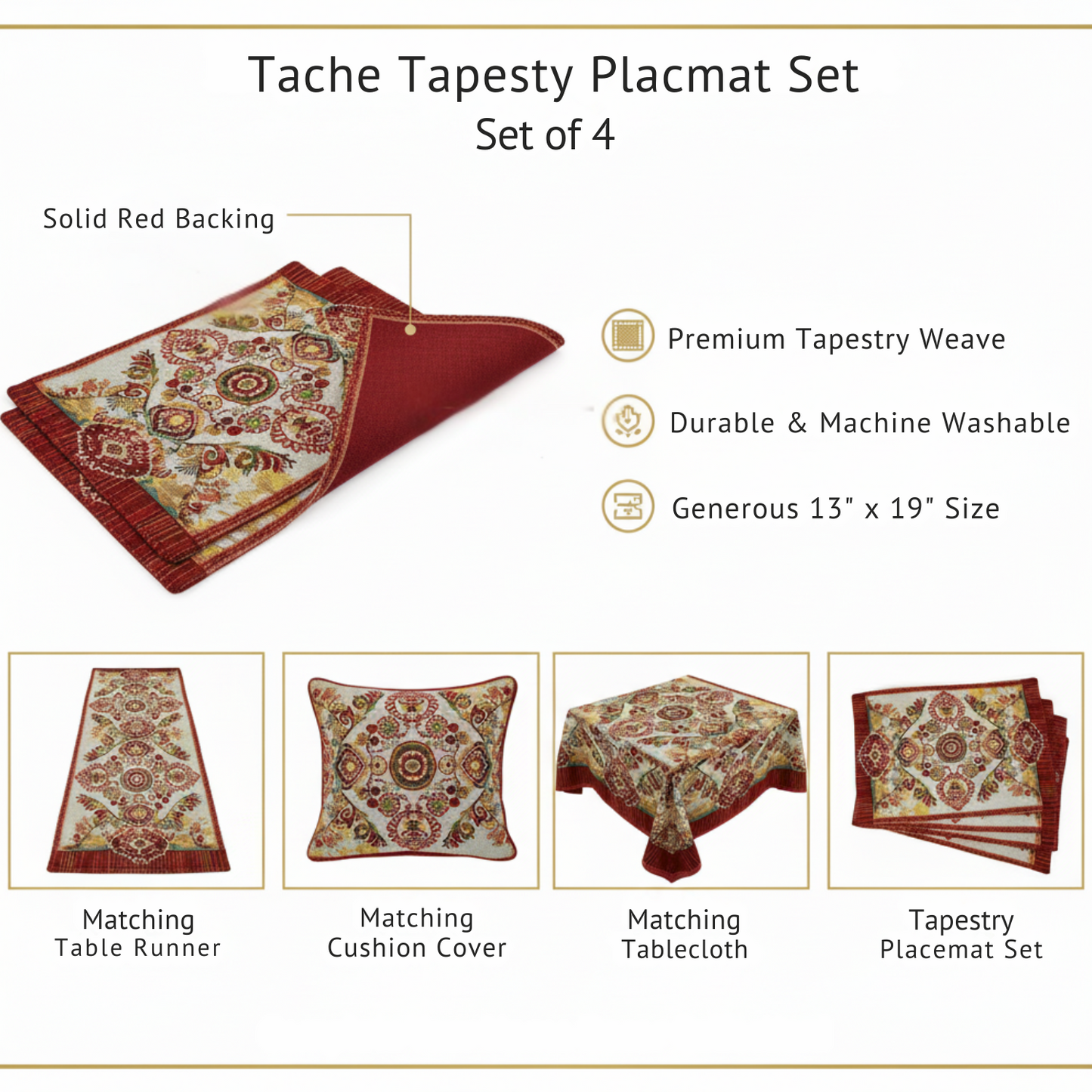 Tache Elegant Burgundy Ornate Paisley Woven Tapestry Placemat Set (18194)