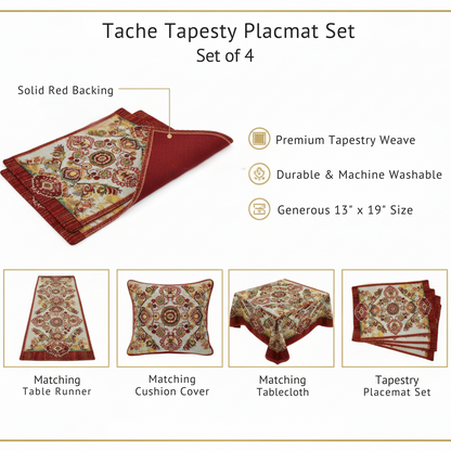 Tache Elegant Burgundy Ornate Paisley Woven Tapestry Placemat Set (18194)