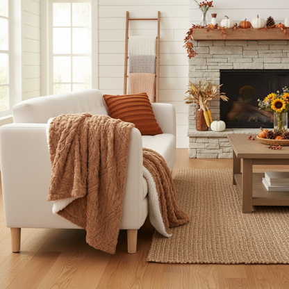 Tache Caramel Brown Faux Fur Throw Blanket Chevron Geometric Embossed (#10)