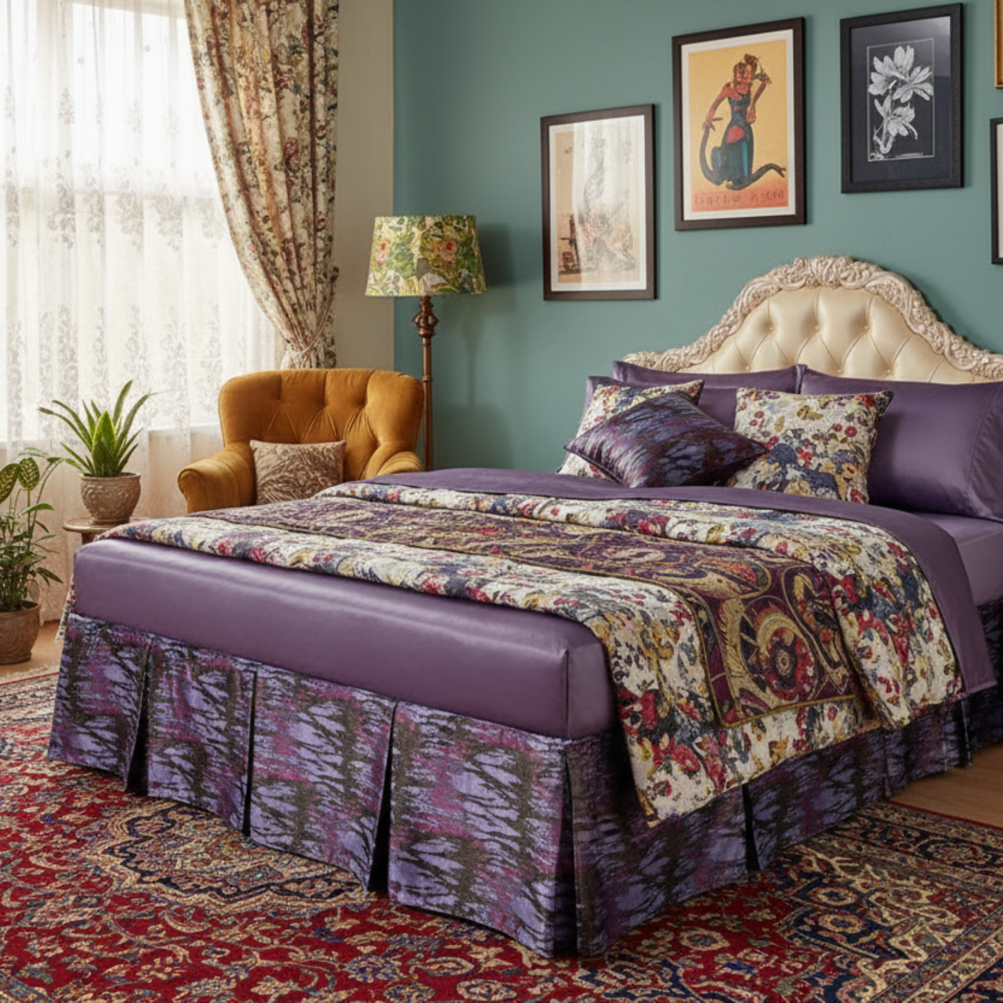 Tache Abstract Mixed Purple Satin Tailored Platform 14" Bed Skirt Dust Ruffle (BSK-4362L)