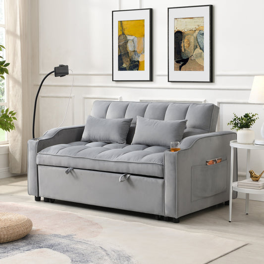 Modern Velvet Sleeper Loveseat with Pullout Bed and USB Ports - Light Gray