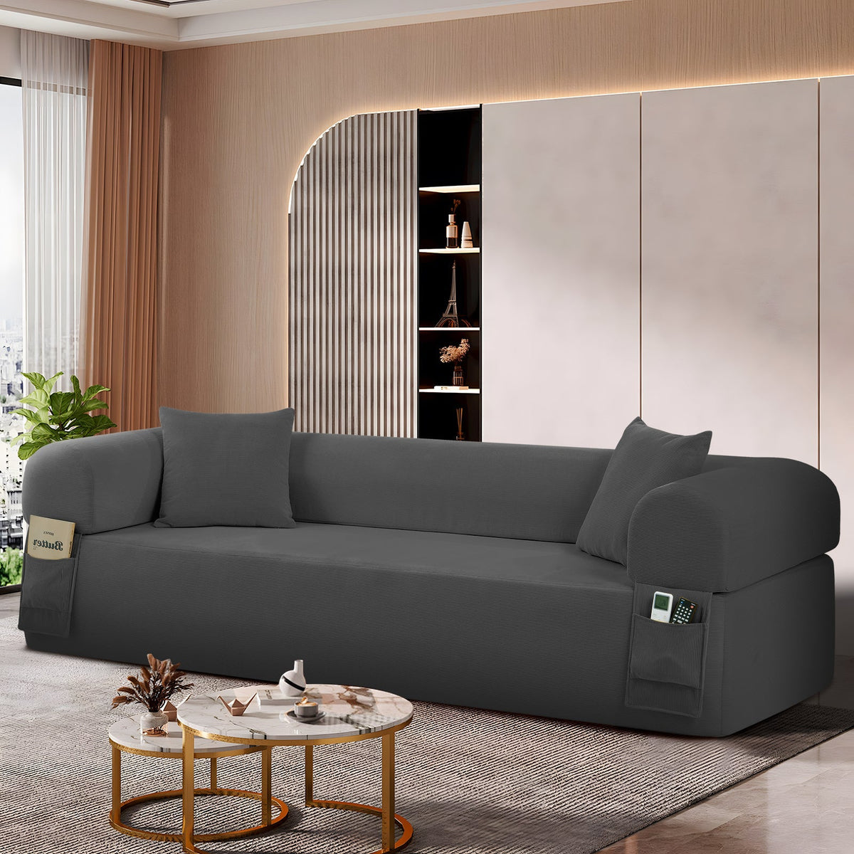 Spring Sofa with High-Quality Fabric and Storage - Gray