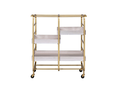Gold & White Washed Finish Serving Cart with Removable Wooden Trays