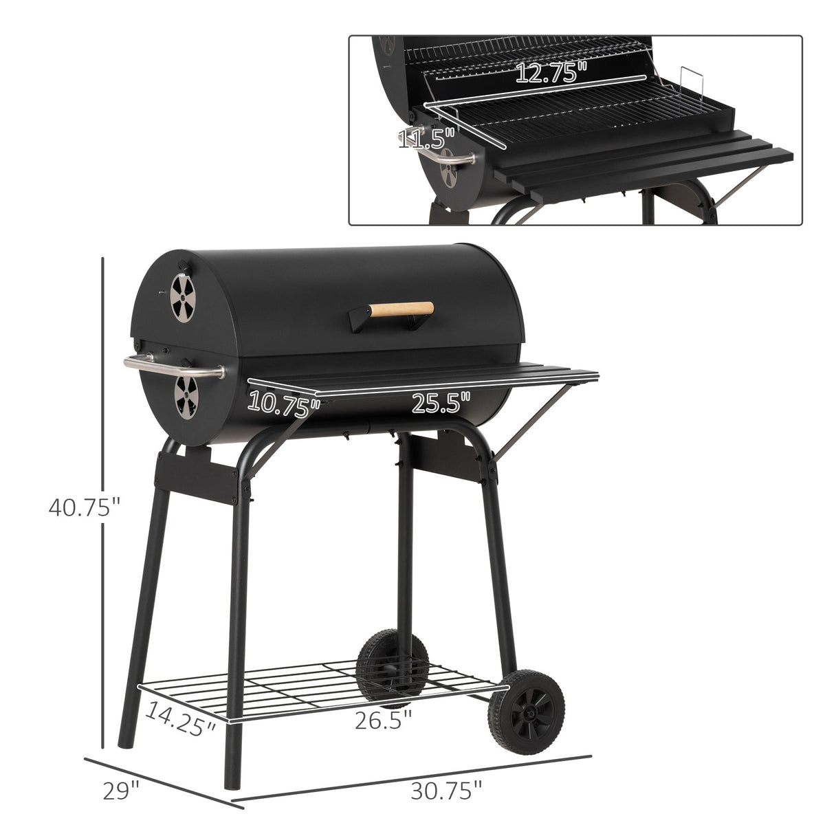 30-Inch Portable Barrel Charcoal BBQ Grill with Thermometer - Steel