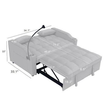Modern Velvet Sleeper Loveseat with Pullout Bed and USB Ports - Light Gray