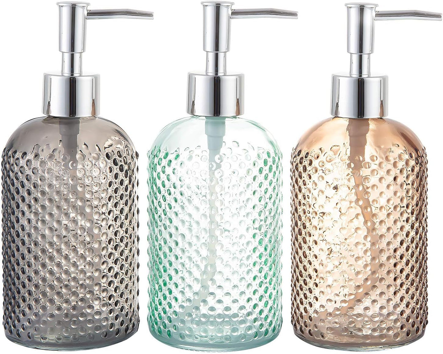 3 Pack Assorted Glass 15 Ounce Lotion Soap Dispenser Bottle with Pump for Bathroom, Kitchen