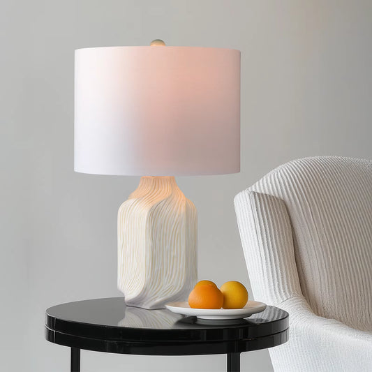 21” Etched Ceramic Table Lamp with White Linen Shade – Glossy White Glaze, Handcrafted Accent Desk Light for Living Room, Bedroom, or Entryway