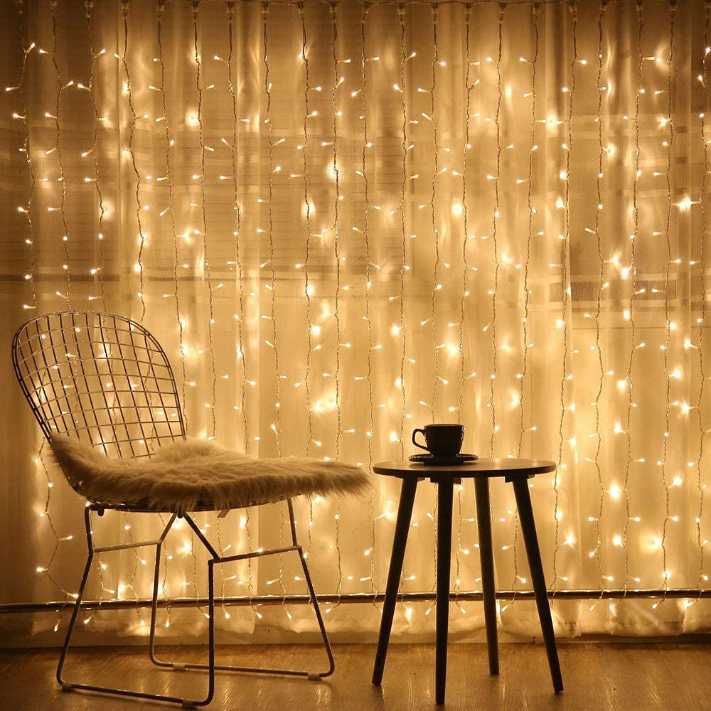 300 LED Curtain String Lights, 9.8 FT Hanging Fairy Lights with Remote, 8 Modes, Connectable Waterproof Window Lights for Bedroom Backdrop Wedding Outdoor Christmas Party, Warm White