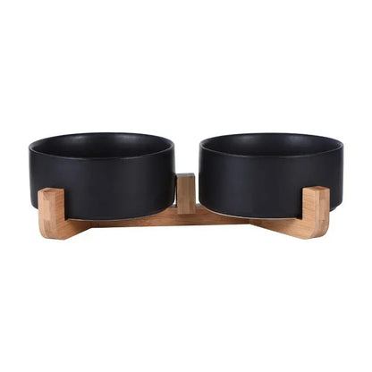 Ceramic Pet Bowl with Wooden Stand - Double Bowl Set for Dogs and Cats, Non-Spill Design, 400ml Each