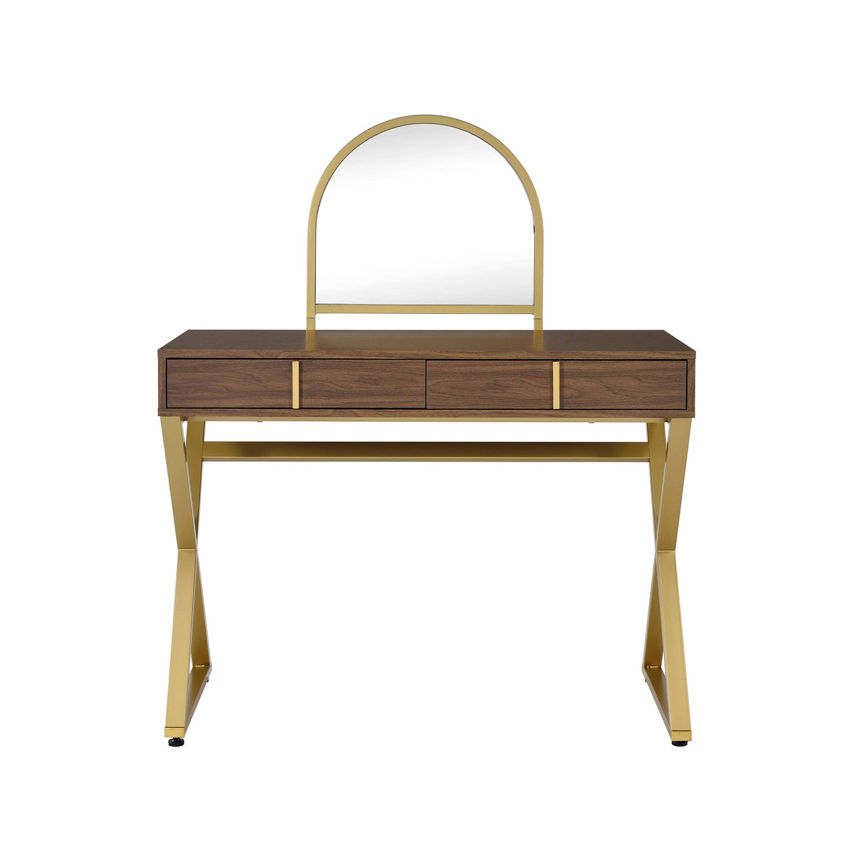 Walnut Vanity Desk with Mirror & Jewelry Tray - Gold Finish