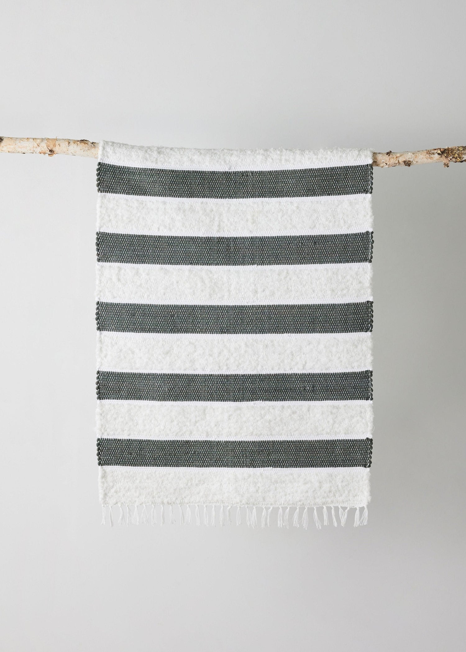 Plush Green Cotton Hand-Loomed Mat with Banded Weave