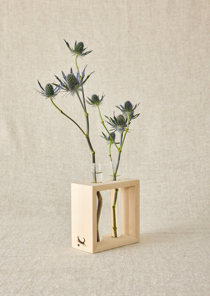 Wood Frame Flower Vase with Glass Tubes