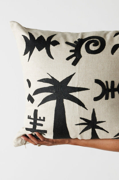 Keiskamma Black Linen & Silk Embroidered Throw Pillow