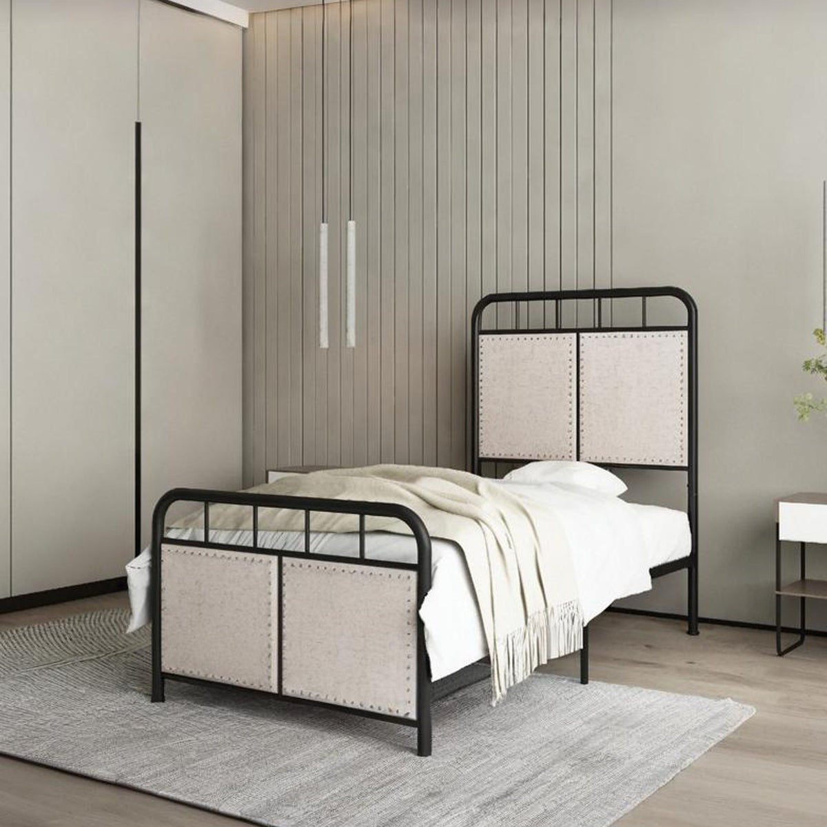 Twin Size Linen Upholstered Platform Metal Bed Frame