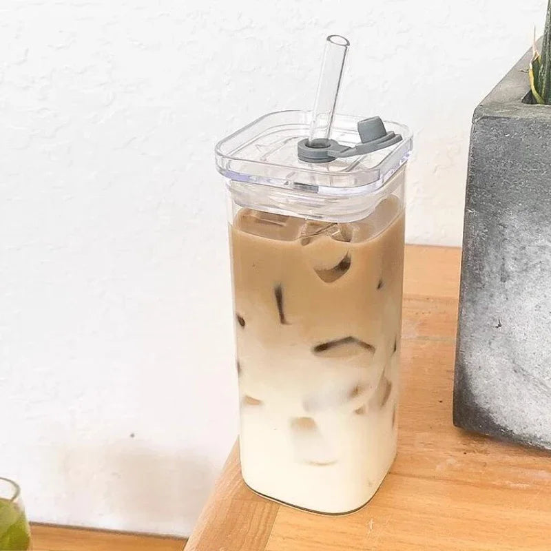 400ml Square Glass Coffee Cup with Lid and Straw - Transparent Glass Drinkware for Milk, Tea, Juice, and Cocktails