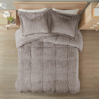 Malea Shaggy Comforter Set, Long Faux Fur Cozy down Alternative, Modern Casual Ultra Soft All Season Fluffy Bedding with Matching Sham, King/Cal King, Grey 3 Piece