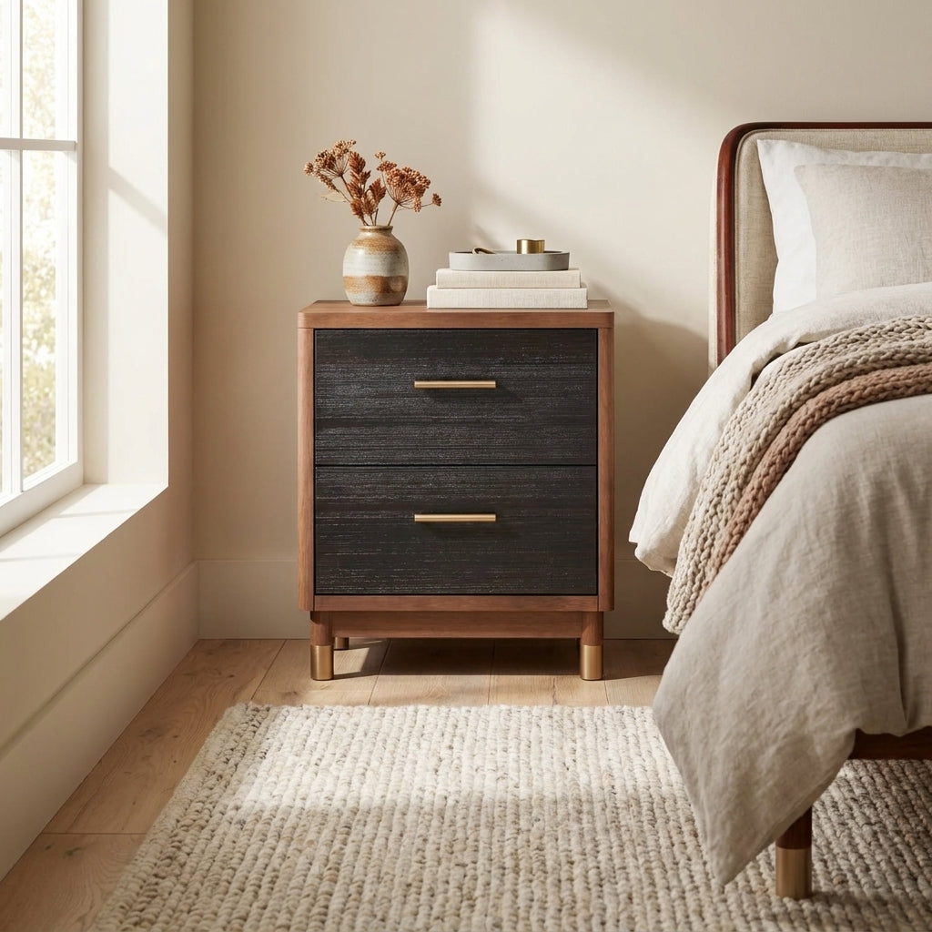 Mahogany Nightstand with Rattan Drawers