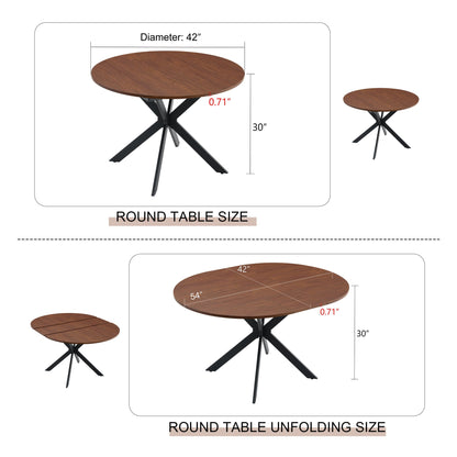 Extendable Round Dining Table with Metal Base - Walnut
