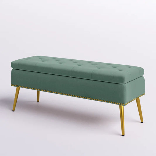 Stylish Kajana Upholstered Flip Top Storage Bench – Velvet Tufted Entryway Bench with Hidden Storage, Metal Legs & Nailhead Trim – Bedroom, Hallway, or Living Room Seating for 2 – Multiple Color Options