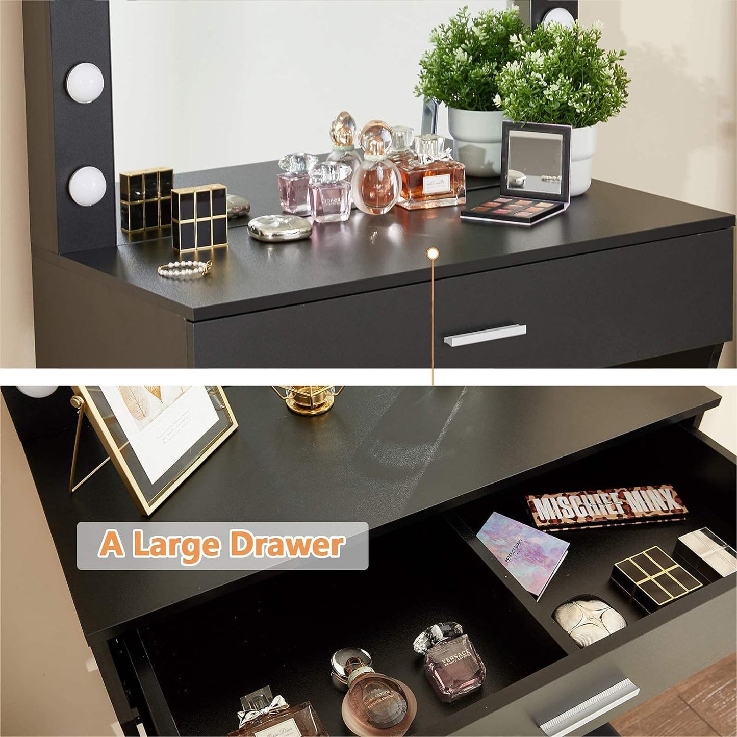 Titoni Black Makeup Vanity Desk Set with Mirror and LED Lights, 31.5” - Adjustable Brightness, Sturdy Wood Construction