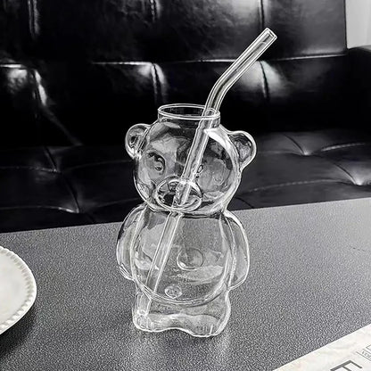 320ML Cute Bear-Shaped Glass Coffee Mug with Straw - Transparent Drinkware for Coffee, Tea, Milk, and More - Ideal Gift for All Occasions