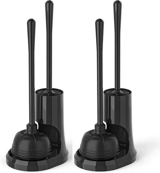 Toilet Plunger and Brush, Bowl Brush and Heavy Duty Toilet Plunger Set with Holder, 2-In-1 Bathroom Cleaning Combo with Modern Caddy Stand (Black, 2 Set)