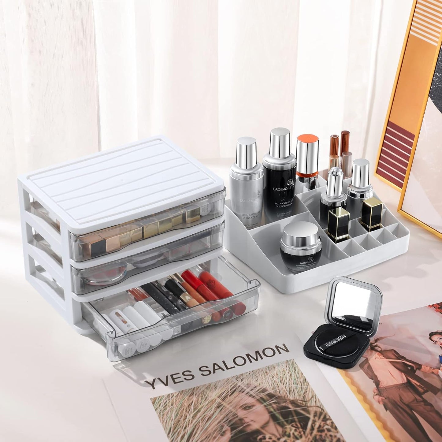 Cosmetics Makeup Organizer Storage: 9.6" Detach Make up Organizers and Storage with Clear Drawers Large Skincare Organizers for Vanity Countertop Dresser Bedroom Bathroom Desk