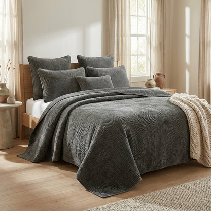 Dark Taupe Poly Velvet Quilt Set with Textured Wave Stitching