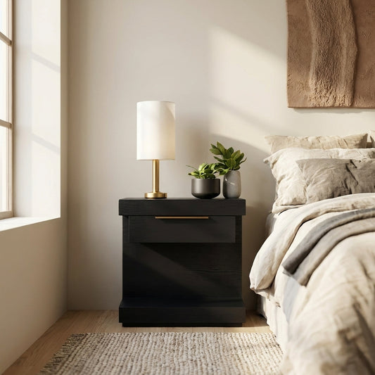 Xavier Modern Black Nightstand with Soft-Close Drawer and Shelf