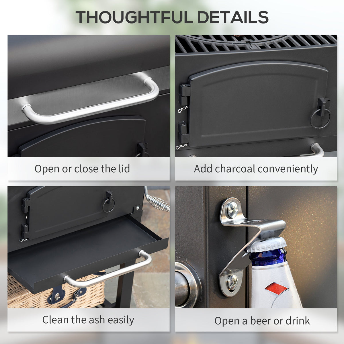 Charcoal Grill with Adjustable Height and Folding Shelves - Black Steel