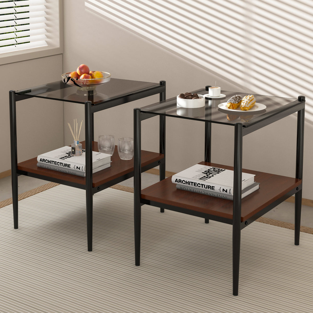 Rectangle End Table Set with Gray Tempered Glass Tops - Gray