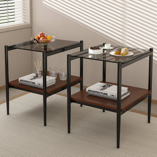 Two gray tempered glass top rectangle end tables with iron frames beside a living room sofa