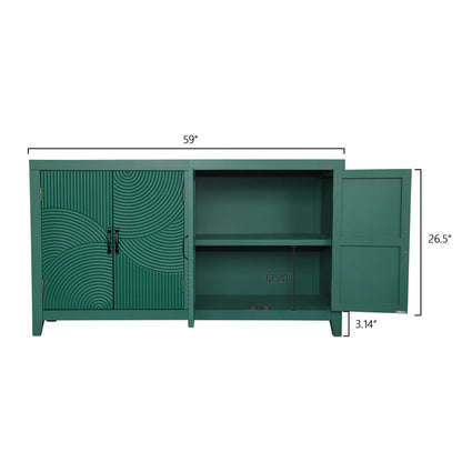 59in Green Accent Cabinet with 4 Doors - Mid Century Modern Buffet - Dark Green