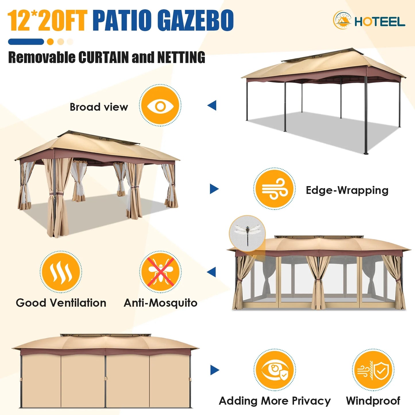 COBIZI Gazebo 12X20 Heavy Duty Patio Gazebo with Mosquito Netting Deck Gazebo with Metal Steel Frame Large Screen Gazebo Tent Waterproof with Double Roof for Party, Backyard, Deck, Garden, Khaki