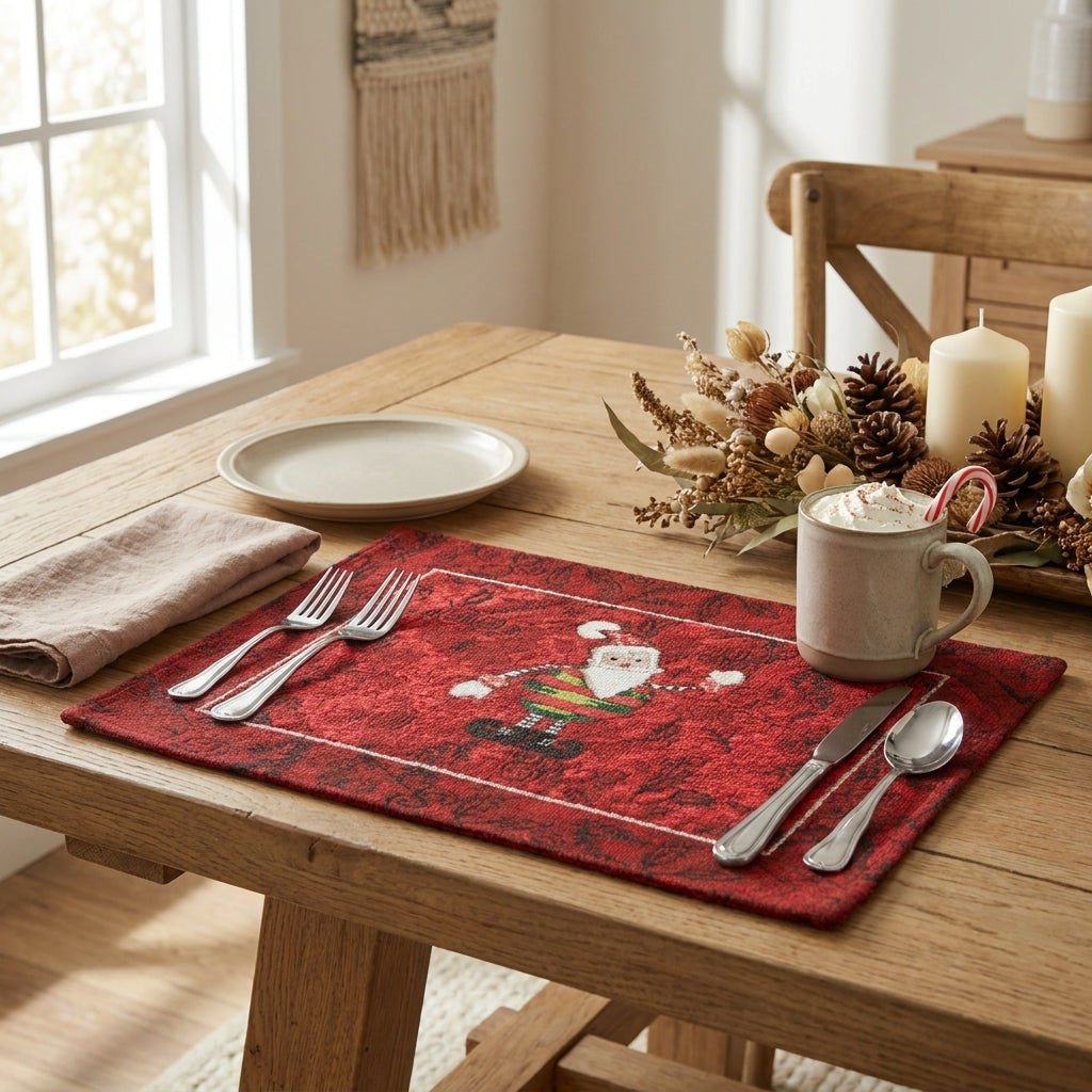 Red Woven Tapestry Christmas Placemat Set, Santa Claus & Snowman